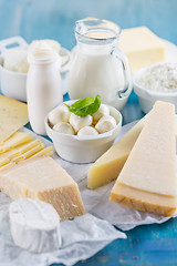 Image showing Different types of dairy products on wooden background