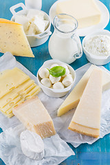 Image showing Different types of dairy products on wooden background
