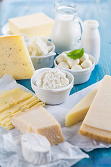 Image showing Different types of dairy products on wooden background