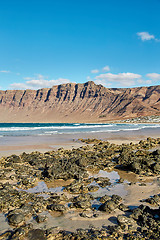 Image showing Landscape with volcanic hills and atlantic ocean in Lanzarote 