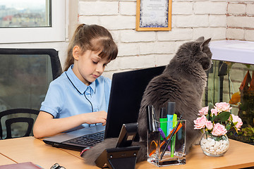 Image showing Eight-year-old girl at the office table, a cat sits on the table