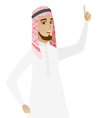 Image showing Muslim businessman pointing his forefinger up.