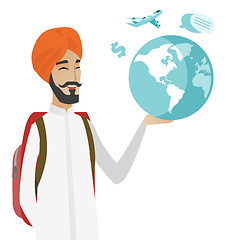 Image showing Hindu traveler man holding map and globe.