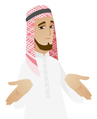 Image showing Confused muslim businessman shrugging shoulders.