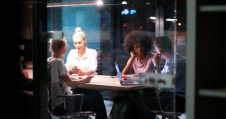 Image showing Multiethnic startup business team in night office