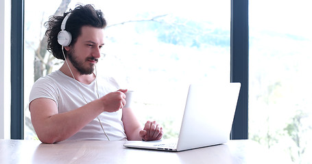 Image showing man drinking coffee enjoying relaxing lifestyle