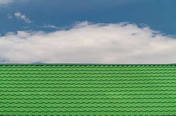 Image showing Close up of bright green tile roof surface, abstract background texture