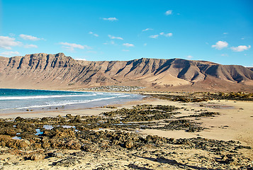 Image showing Landscape with volcanic hills and atlantic ocean in Lanzarote 