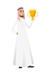 Image showing Muslim businessman holding a trophy.