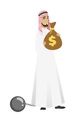 Image showing Chained muslim businessman with bag full of taxes.