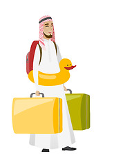 Image showing Young muslim traveler man in inflatable ring.