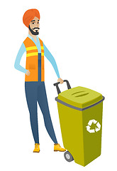 Image showing Young hindu builder pushing recycle bin.