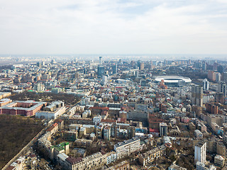 Image showing Kiev, Ukraine - April 7, 2018: aerial view the National Olympic Sports Complex, part of the Botanical Garden and the University of Shevchenko