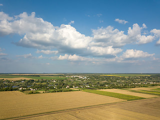 Image showing Summer countryside landscape with agricultural fields with crops and after harvesting on a background of blue cloudy sky.