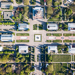 Image showing Aerial view shooting from drone of the central symmetrical square of the National Exhibition Center in Kiev, Ukraine.