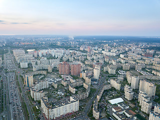 Image showing A bird\'s eye view, aerial panoramic view from drone to the Darnyts\'kyi district of Kiev, Ukraine and the left bank of Dnieper.