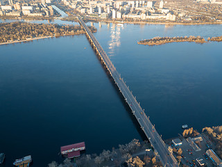 Image showing Aerial view from the drone to the Patona Bridge, Dnieper River in the city of Kiev, Ukraine