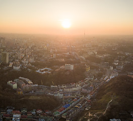 Image showing A bird\'s eye view, aerial view shooting from drone of the Podol district, oldest historical center of Kiev, Ukraine.