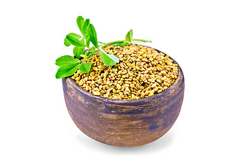Image showing Fenugreek with leaf in clay bowl