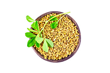 Image showing Fenugreek with leaf in clay bowl on top