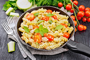 Image showing Fusilli with chicken and tomatoes in pan on board