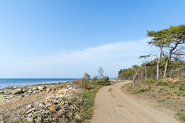 Image showing Beautiful winding gravel road by the coast