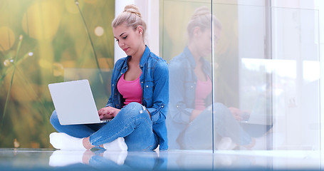 Image showing young women using laptop computer on the floor