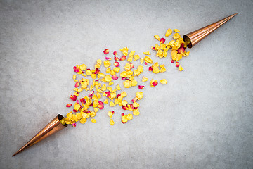 Image showing Copper cones with rose petals on concrete surface