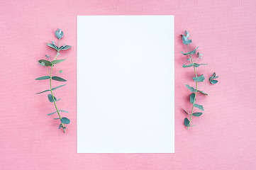 Image showing Blank paper and eucalyptus on pink canvas