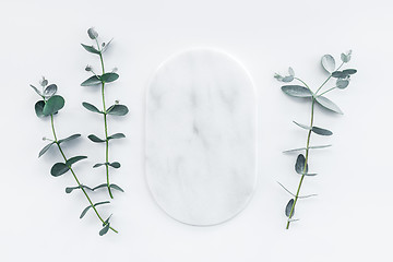 Image showing Marble plate and fresh eucalyptus branches