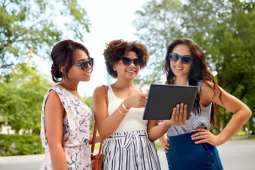 Image showing women with tablet pc on street in summer