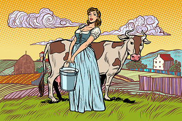 Image showing village woman with a bucket of cow milk. farm landscape