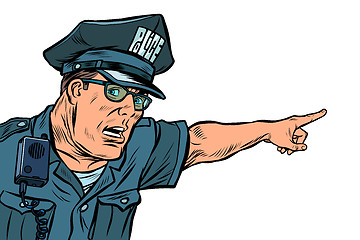 Image showing police officer cop points directions. isolate on white background