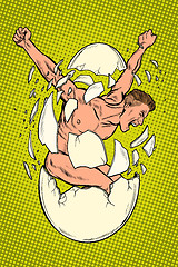 Image showing Concept the birth of men, revolution and protest, spiritual rebirth. Man breaks egg shells