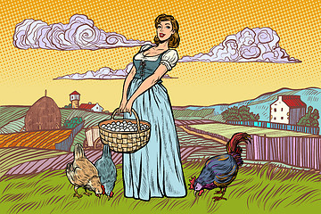Image showing rural woman with chicken eggs. Farm landscape