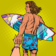 Image showing follow me long haired surfer man with Board