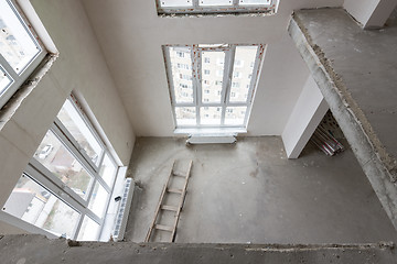 Image showing View from the second floor to the first floor in a two-story apartment in a new building