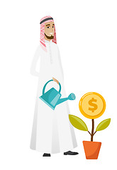 Image showing Muslim businessman watering money flower.