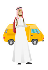 Image showing Traveler standing on the background of minibus.