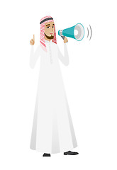 Image showing Muslim businessman talking into loudspeaker.