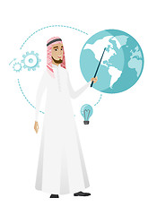 Image showing Muslim businessman pointing at a globe.