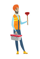 Image showing Hindu plumber holding plunger and tool box.