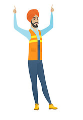 Image showing Young hindu builder standing with raised arms up.