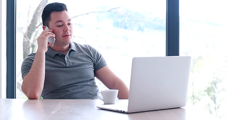 Image showing businessman working using a laptop in startup office