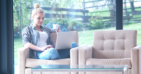 Image showing woman drinking coffee enjoying relaxing lifestyle