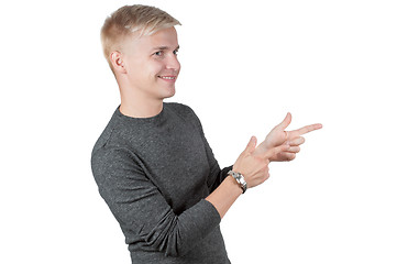 Image showing Man in gray pointing with his fingers