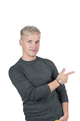 Image showing Man in gray pointing with his fingers