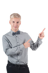 Image showing Man in shirt and bow-tie pointing with his fingers