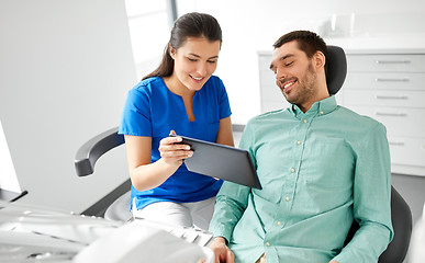 Image showing dentist and patient with tablet pc at clinic