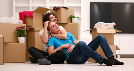 Image showing young  gay couple moving  in new house